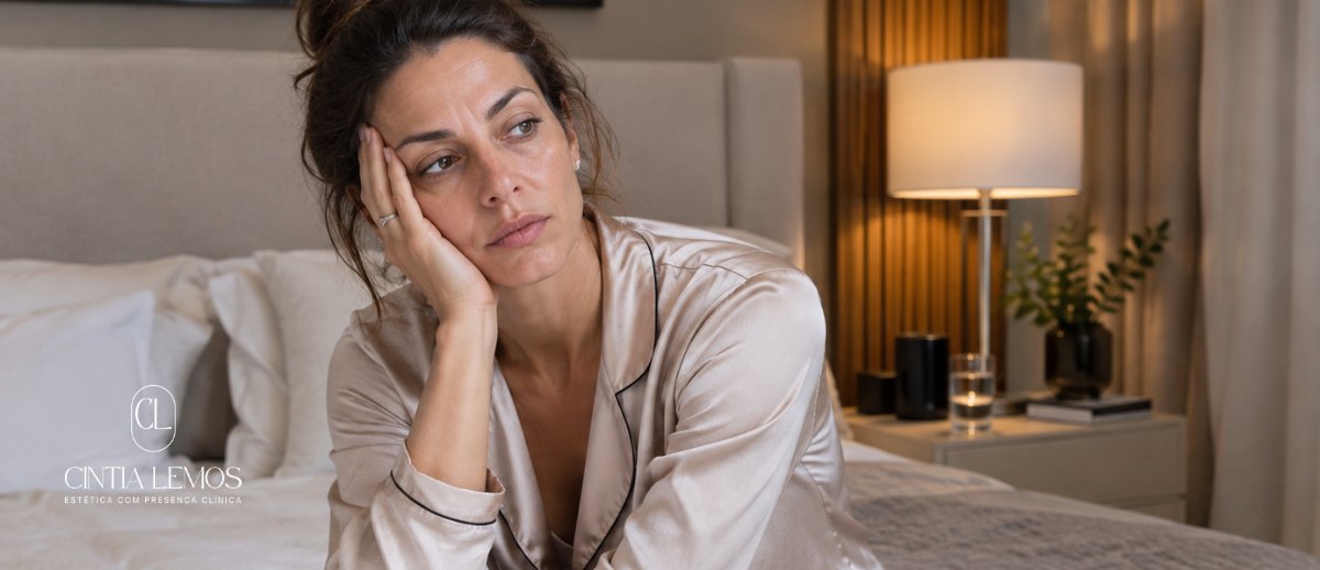Mulher de 45 anos acordando com expressão de cansaço diante do espelho, olheiras marcadas e rosto sem luminosidade — rosto cansado mesmo dormindo bem — Dra. Cintia Lemos — Jardins, São Paulo